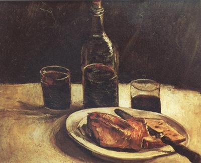 Vincent Van Gogh Still life with a Bottle,Two Glasses Cheese and Bread (nn04) oil painting image